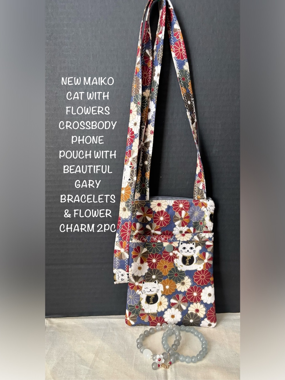 New Gray Maiko Cat Handmade Crossbody Phone Pouch w/2pc Gray Glass Bracelet Set
